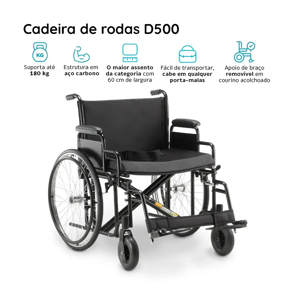 Cadeira de Rodas Dobrável para Pessoas com Obesidade D500 Dellamed, até 180kg, assento 62 cm, da Dellamed, foto 2