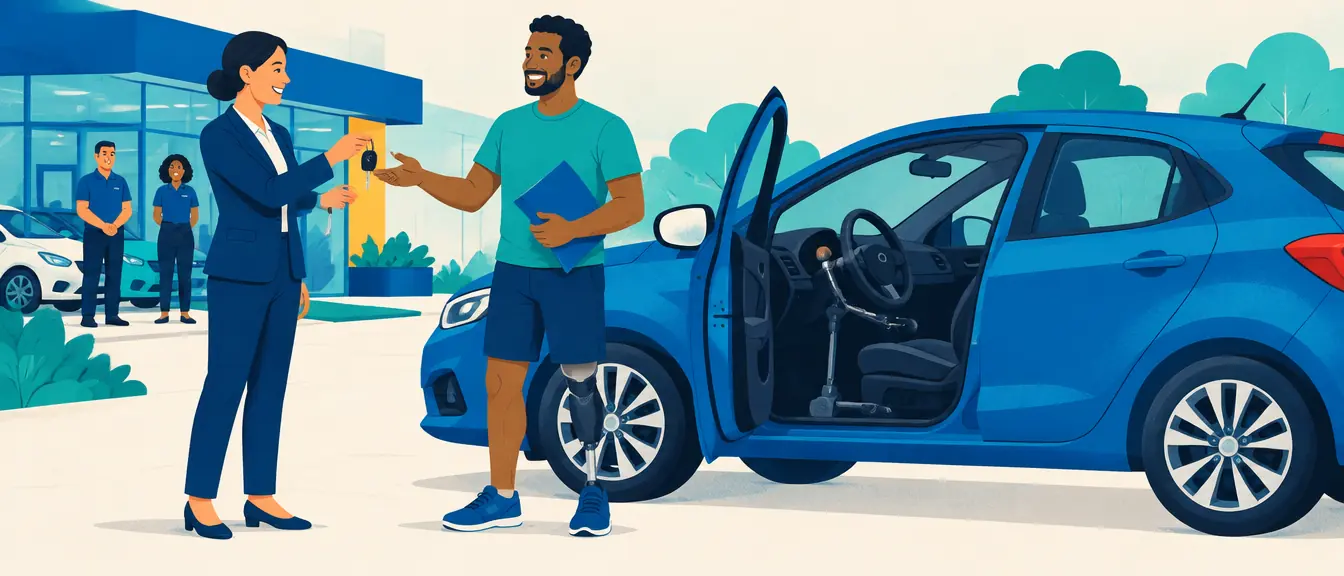 Ilustração de um homem com prótese de perna recebendo a chave de um carro adaptado