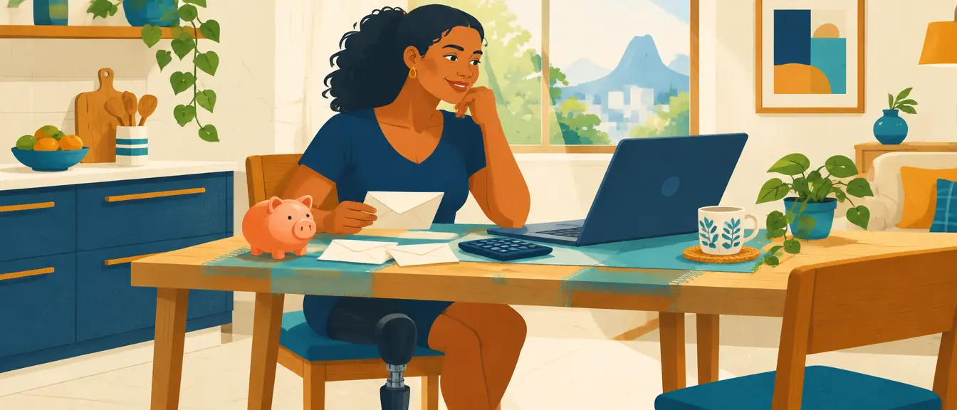 Ilustração de uma mulher com prótese de perna organizando as finanças da casa com notebook e calculadora