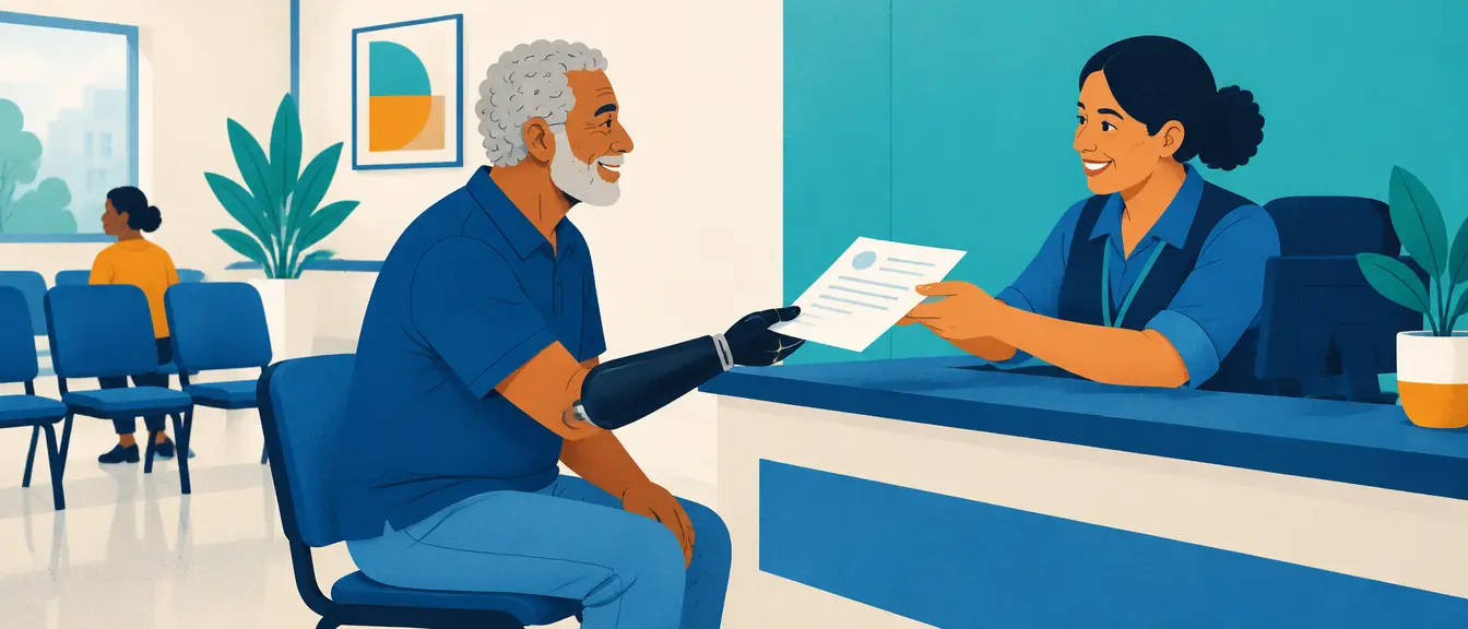 Ilustração de um senhor com prótese de braço recebendo um documento aprovado no atendimento