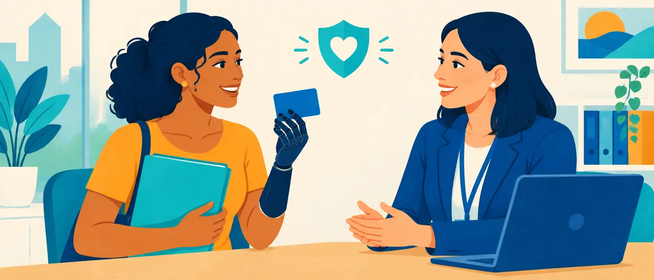 Ilustração de uma mulher com mão biônica conversando com uma consultora sobre o plano de saúde