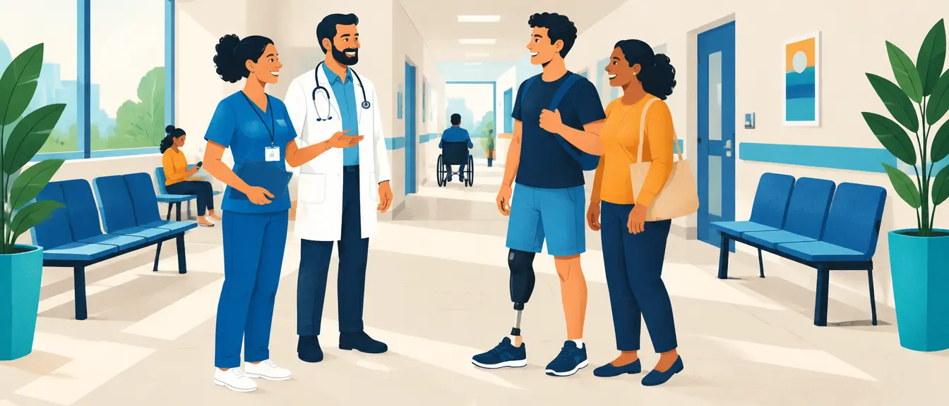 Ilustração de um jovem com prótese de perna e a mãe sendo recebidos por enfermeira e médico num hospital público