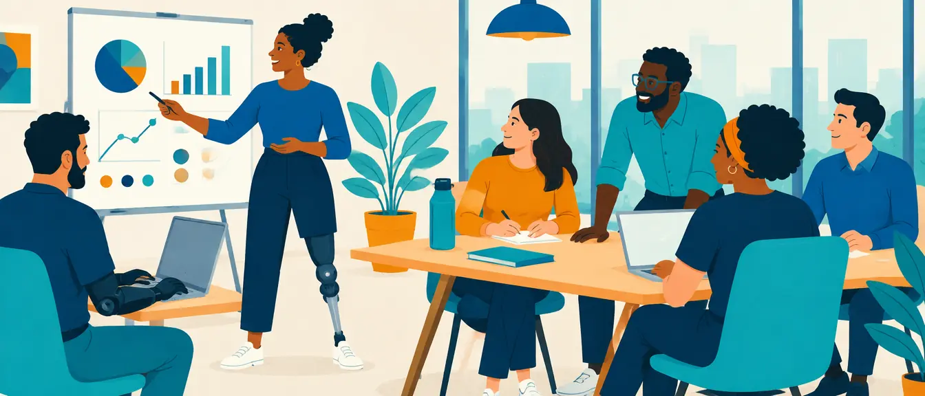 Ilustração de um escritório inclusivo: uma mulher com prótese de perna apresenta e um colega com prótese de braço trabalha no notebook