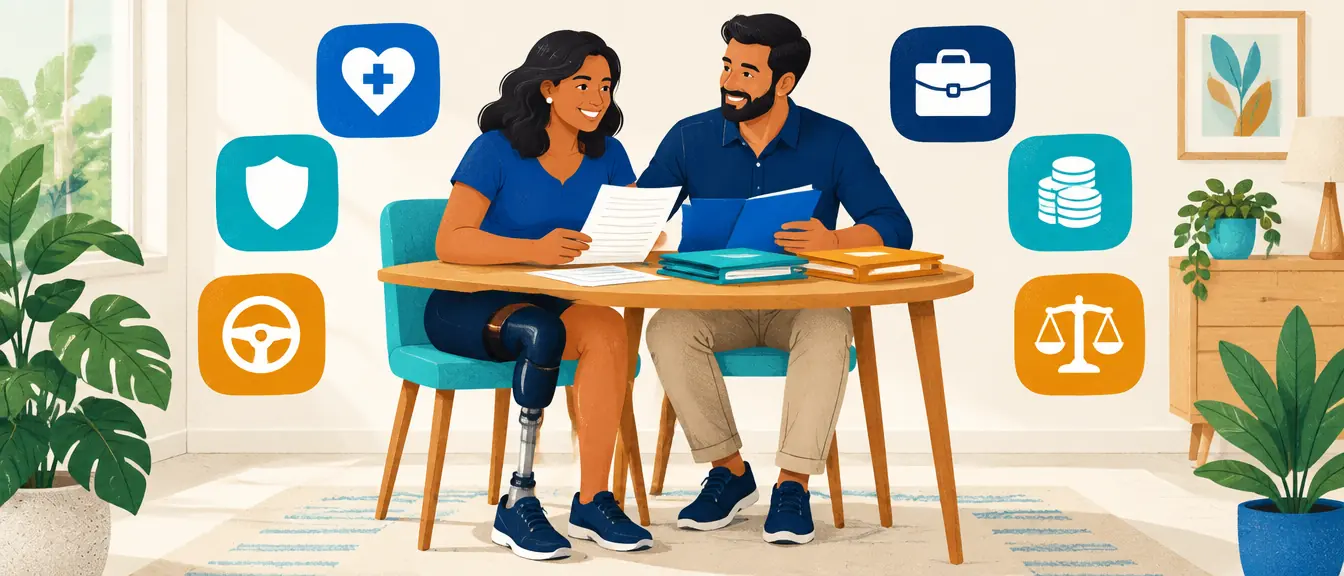 Ilustração de uma mulher com prótese acima do joelho e o marido organizando documentos, cercados de ícones de saúde, plano, carro, trabalho, dinheiro e justiça