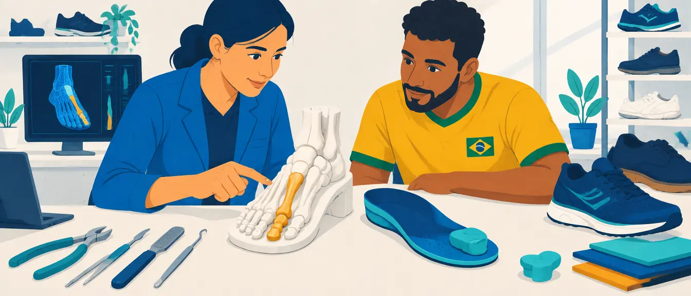 Ilustração de uma protesista mostrando num modelo do pé o raio do dedo e do metatarso, ao lado da palmilha com preenchimento