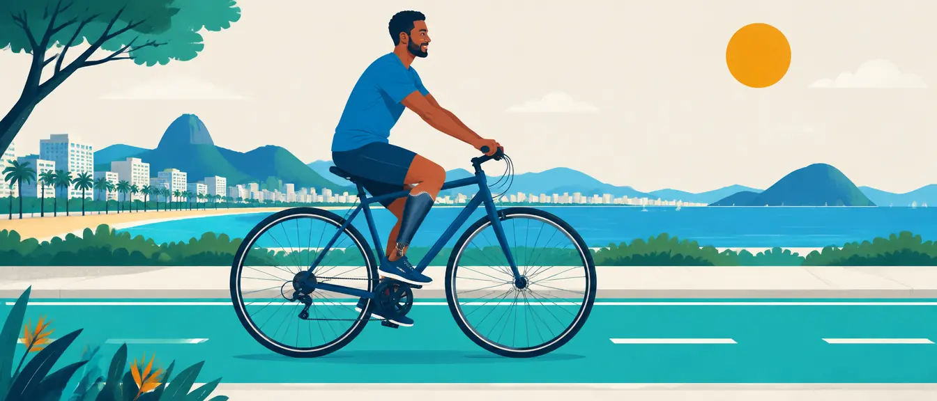 Ilustração de um homem com prótese parcial de pé andando de bicicleta na ciclovia