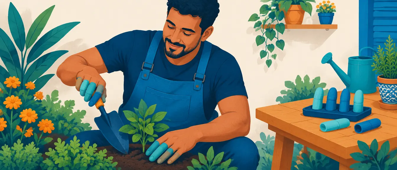 Ilustração de um homem com próteses de dedos de silicone cuidando do jardim