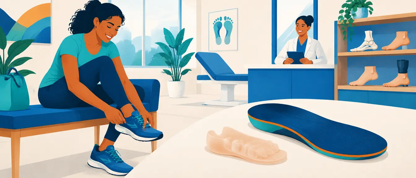 Ilustração de uma mulher calçando o tênis, com a palmilha e o preenchimento de silicone para o dedo ao lado
