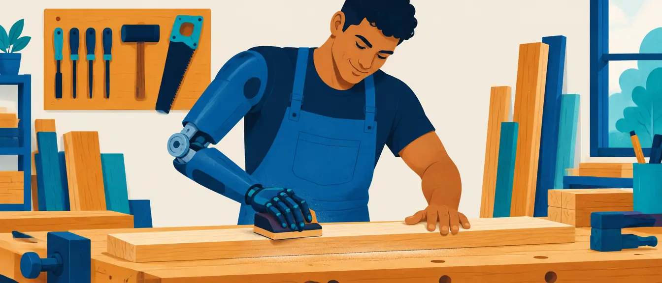 Ilustração de um jovem com prótese de desarticulação de cotovelo trabalhando numa bancada de marcenaria