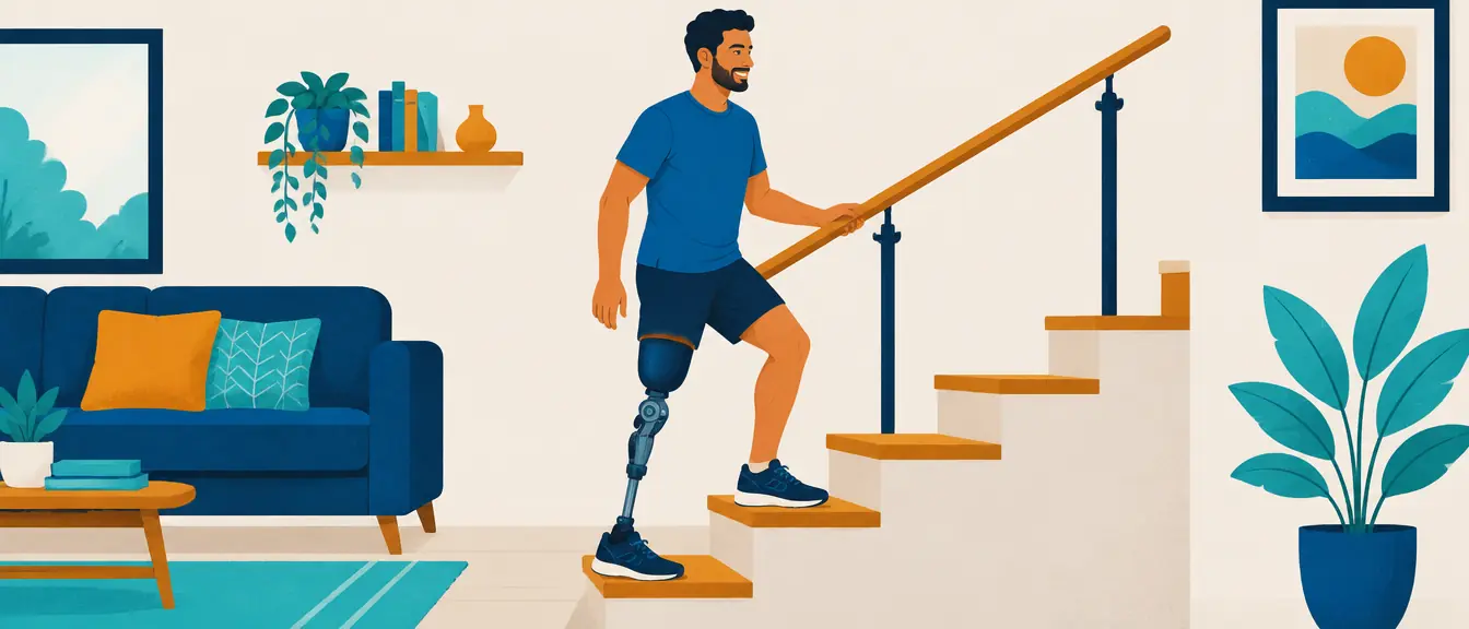 Ilustração de um homem com prótese de desarticulação de joelho subindo a escada de casa