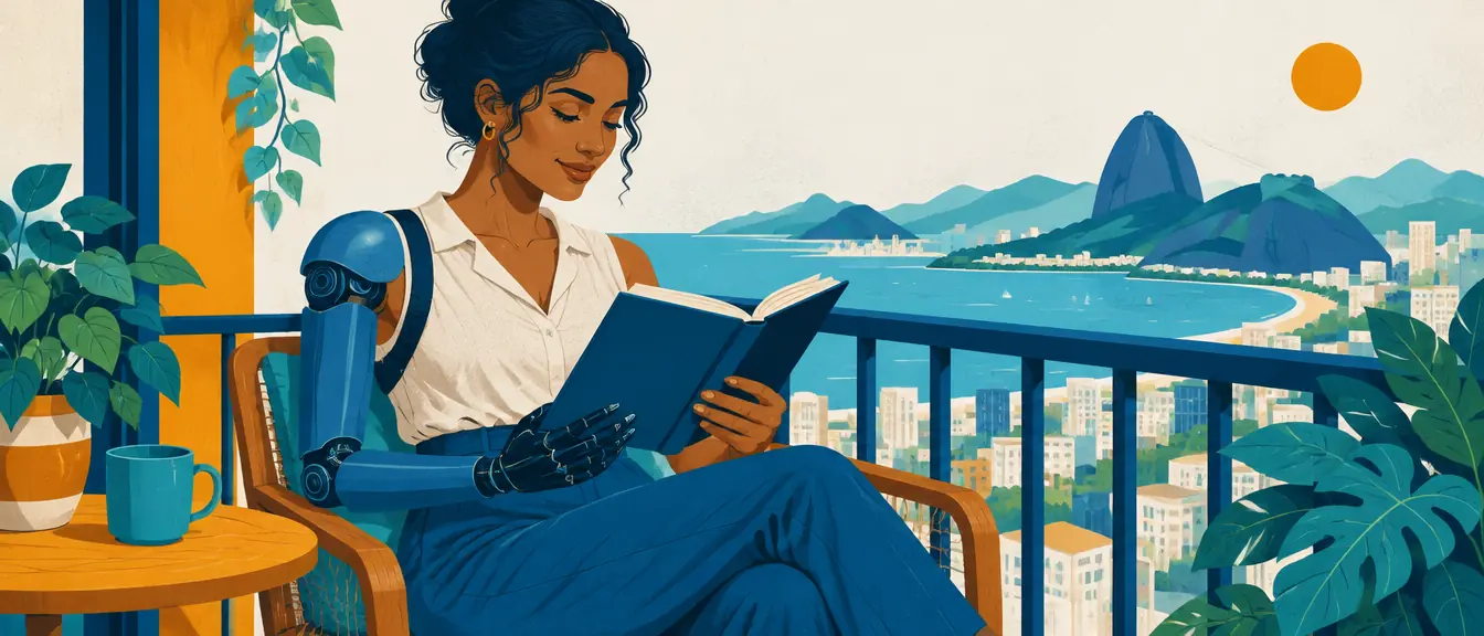 Ilustração de uma mulher com prótese de desarticulação de ombro lendo na varanda