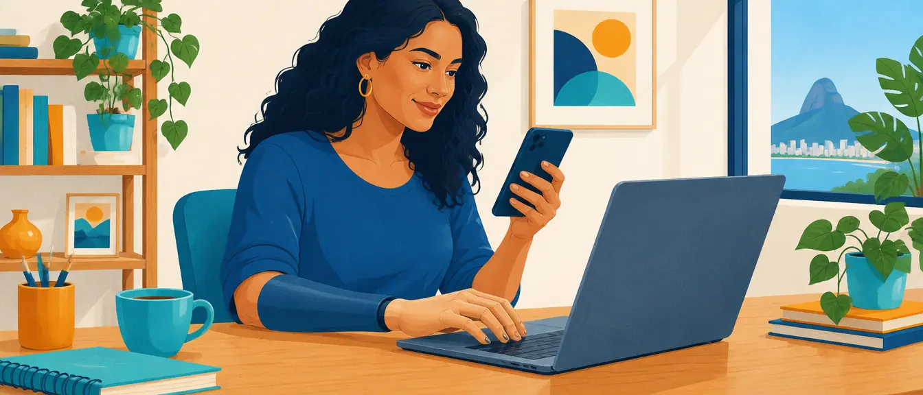 Ilustração de uma mulher com prótese de desarticulação de punho usando o notebook e o celular