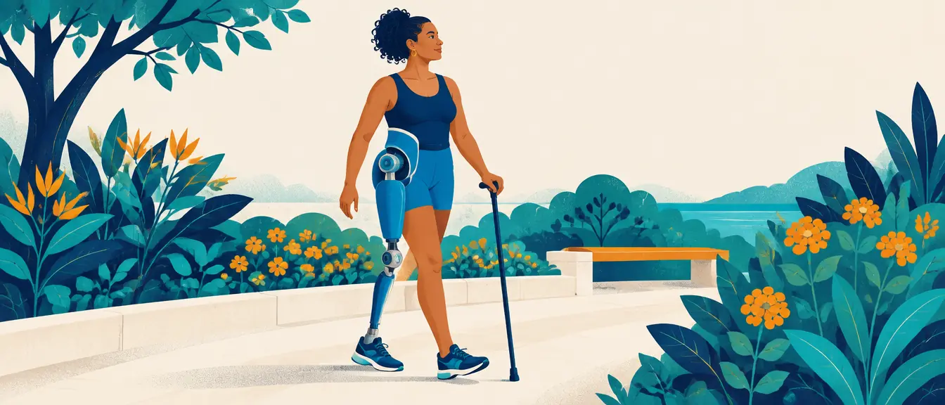 Ilustração de uma mulher com prótese de desarticulação de quadril caminhando com bengala num jardim