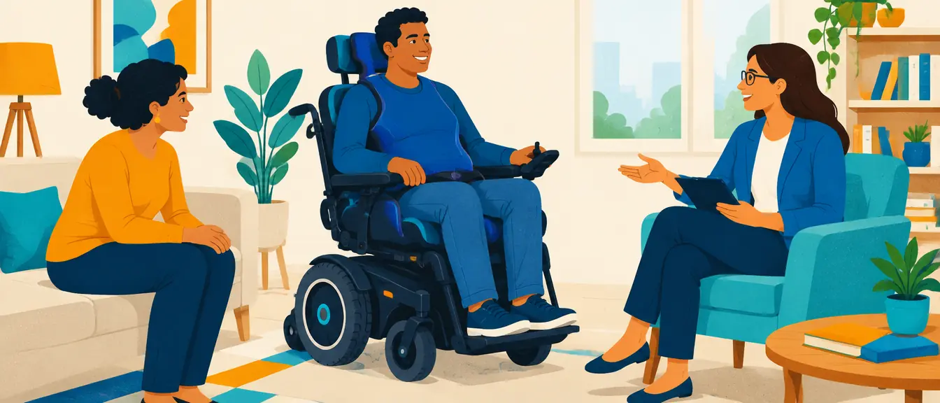 Ilustração de uma pessoa numa cadeira de rodas motorizada com assento moldado, conversando com a família e a terapeuta