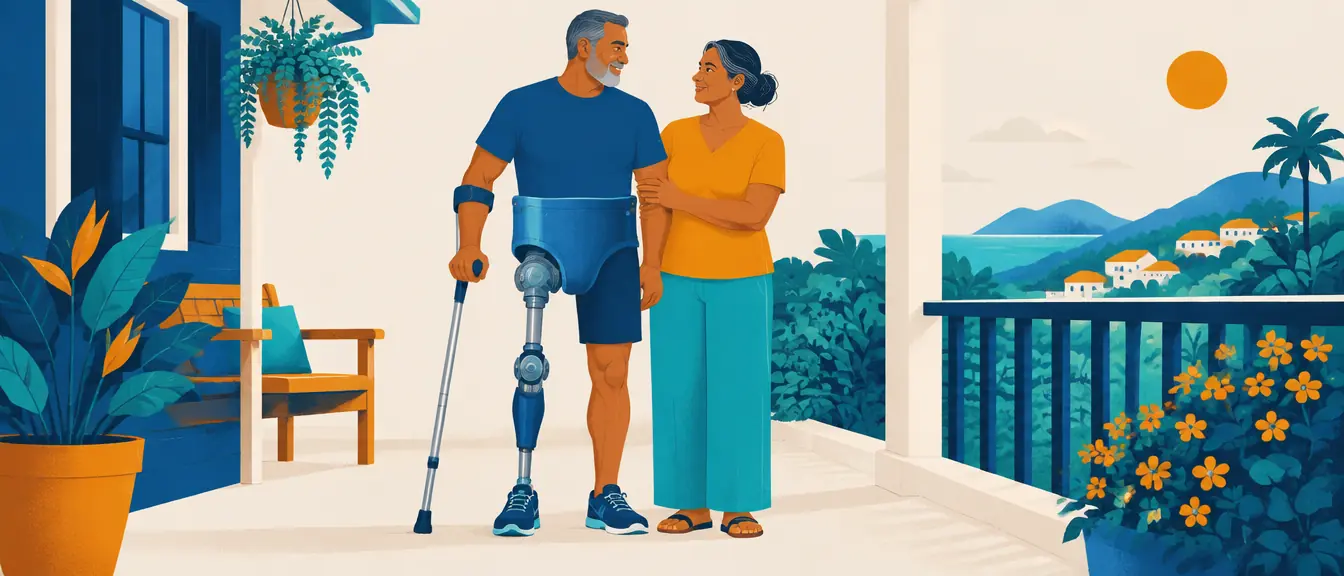 Ilustração de um senhor com prótese de hemipelvectomia e muleta, ao lado da esposa