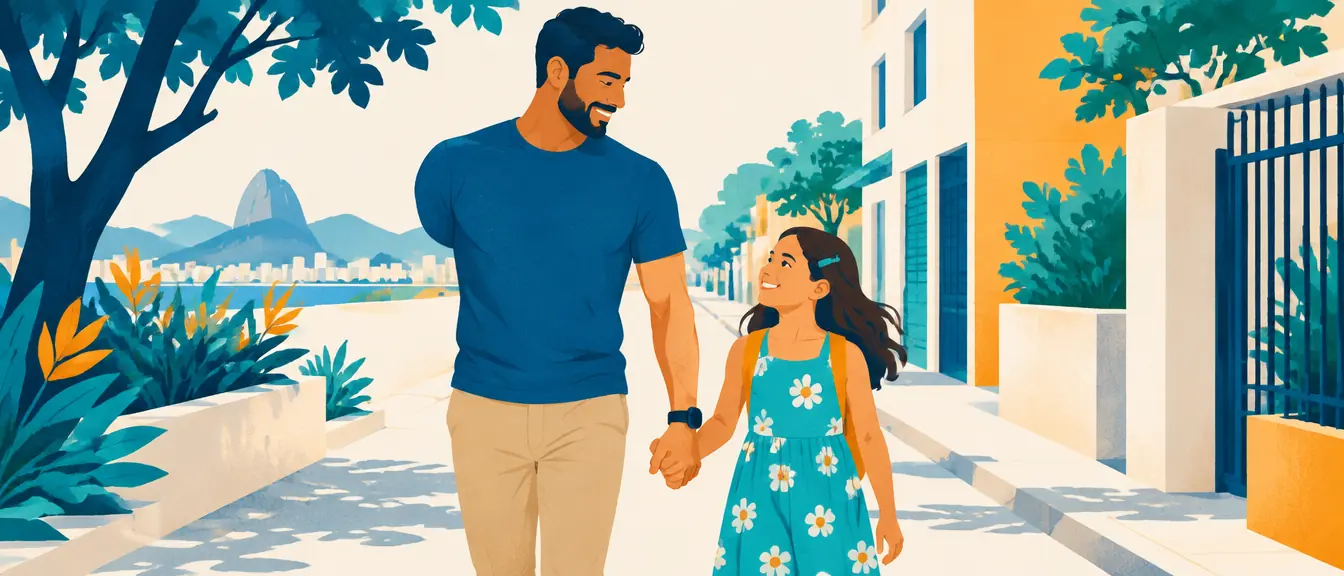 Ilustração de um homem sem o braço direito, com prótese estética de ombro, caminhando de mãos dadas com a filha