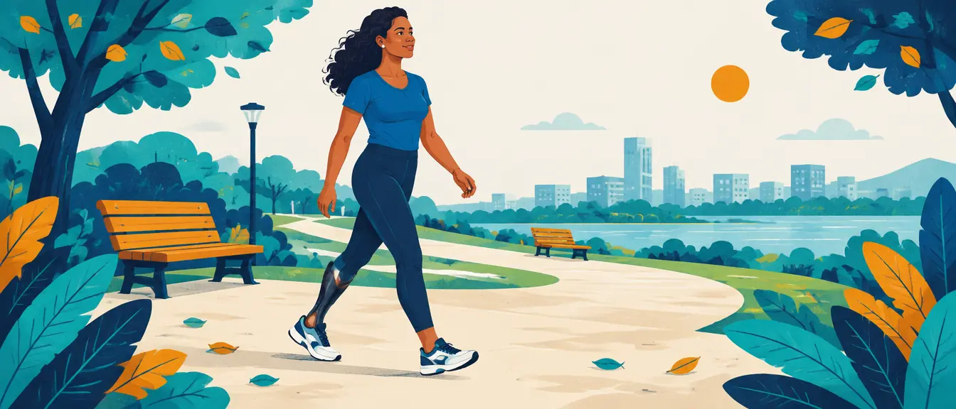 Ilustração de uma mulher com prótese parcial de pé caminhando no parque