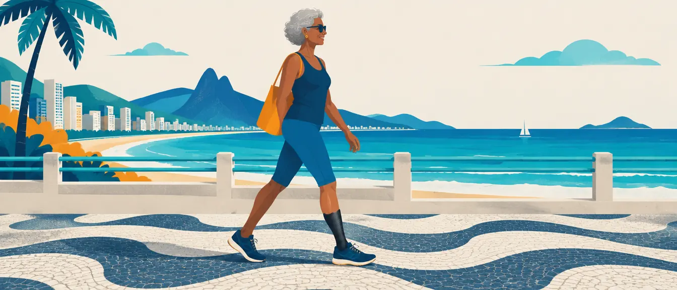Ilustração de uma senhora com prótese de Syme caminhando no calçadão da praia