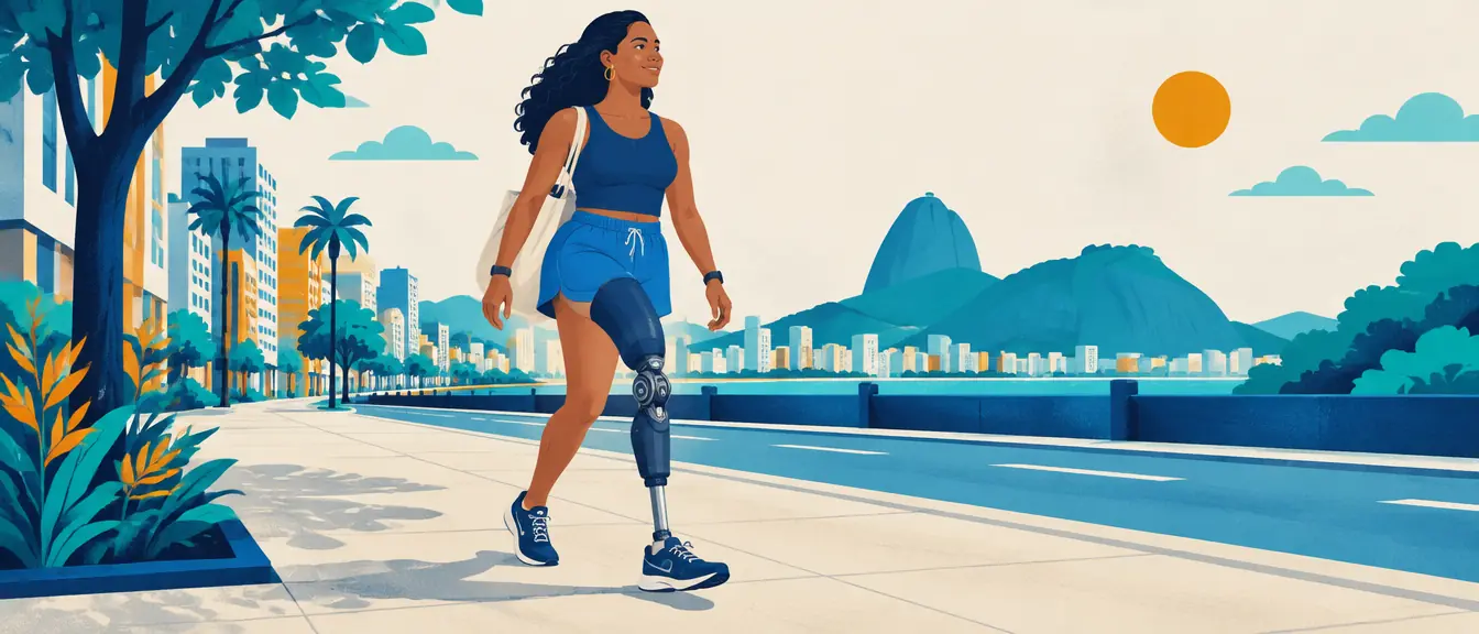 Ilustração de uma mulher com prótese acima do joelho caminhando na calçada