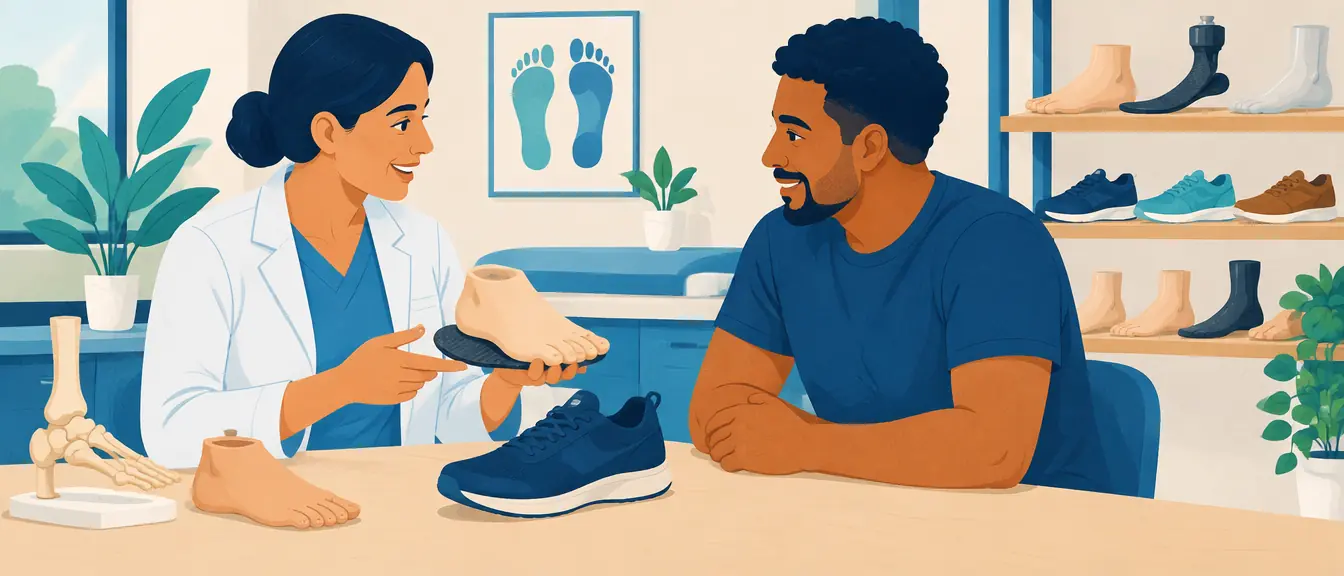 Ilustração de uma protesista mostrando a um paciente a prótese parcial de pé que vai dentro do sapato