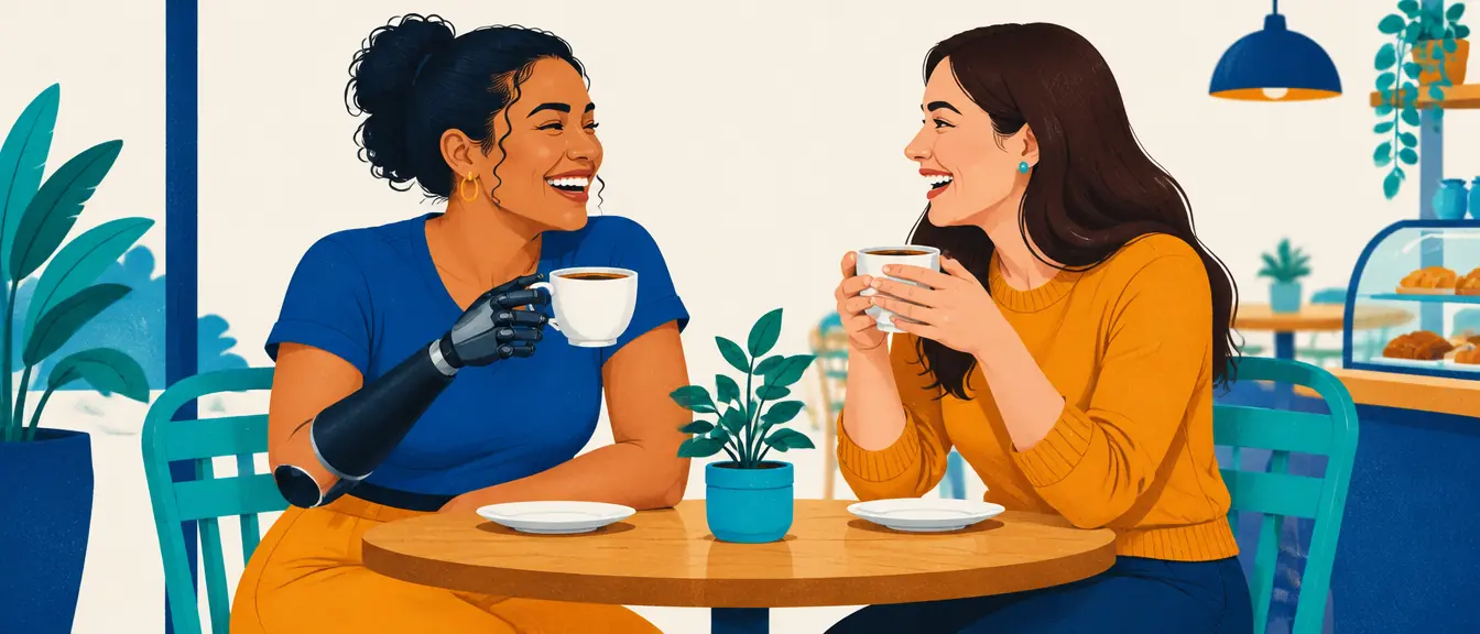 Ilustração de uma mulher com mão mioelétrica segurando uma xícara de café com uma amiga