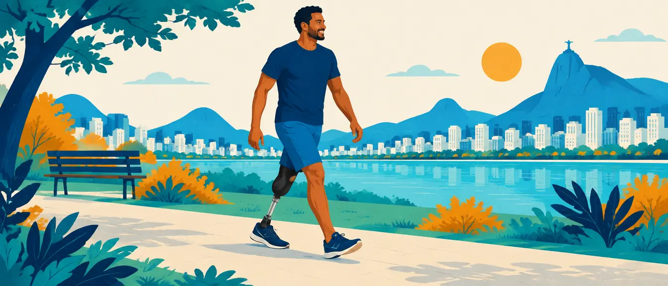 Ilustração de um homem com prótese abaixo do joelho caminhando no parque
