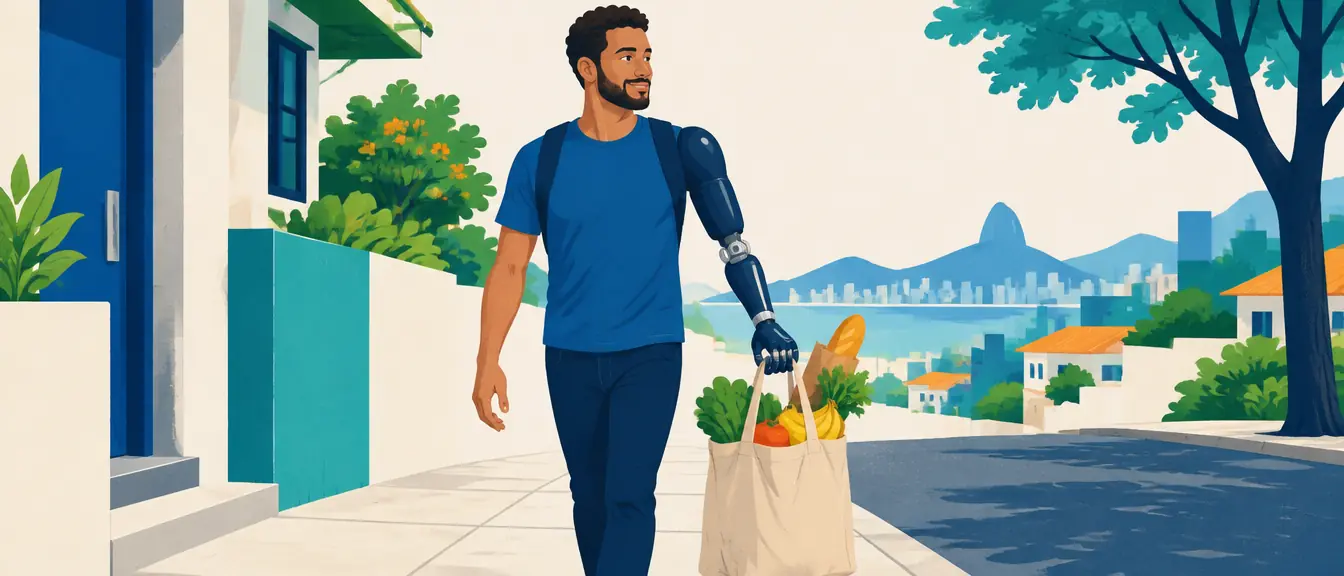 Ilustração de um homem com prótese acima do cotovelo carregando a sacola de compras
