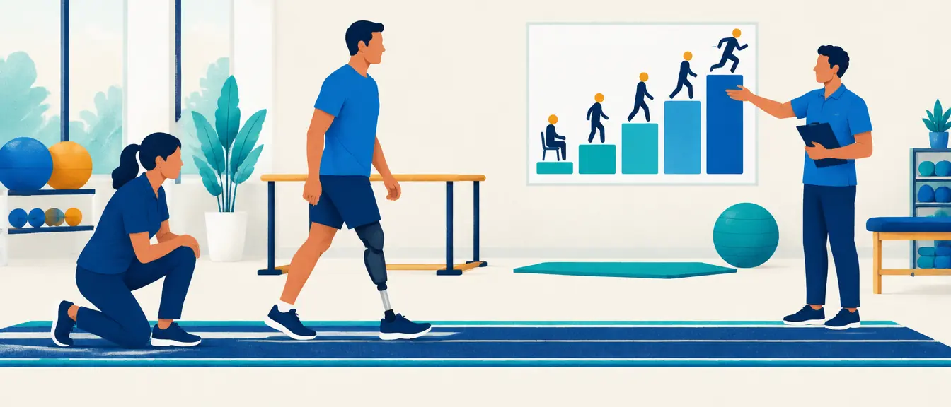 Ilustração de fisioterapeutas avaliando a marcha de um paciente com prótese acima do joelho, com um quadro de níveis de atividade