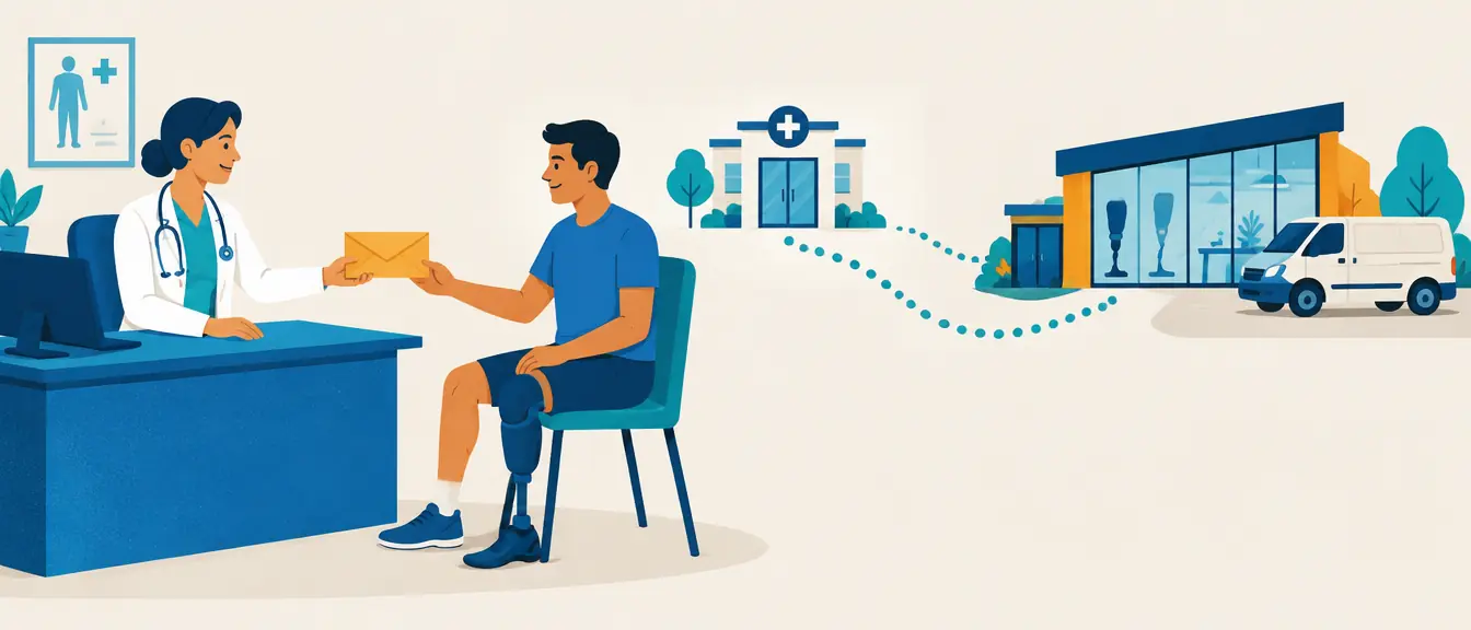 Ilustração de uma médica entregando o encaminhamento a um paciente com prótese, com o caminho até o laboratório de próteses