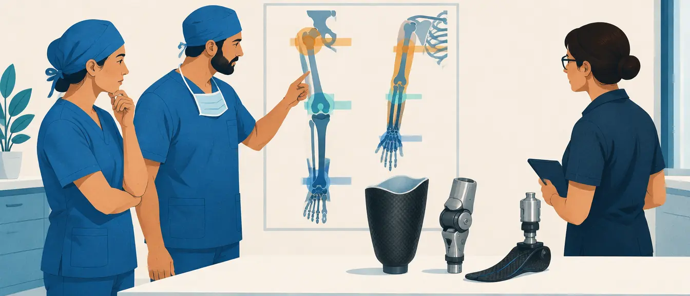 Ilustração de cirurgiões e protesista estudando um quadro anatômico de perna e braço ao lado de componentes de prótese