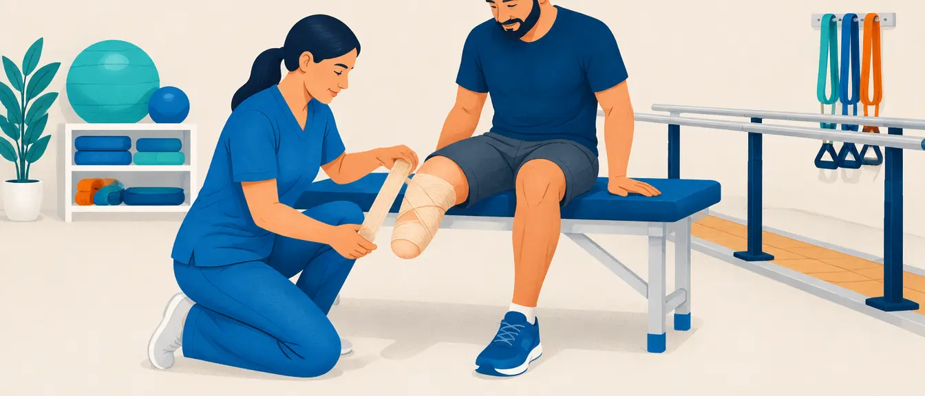 Ilustração de uma fisioterapeuta enfaixando em oito o coto abaixo do joelho de um paciente sentado na maca