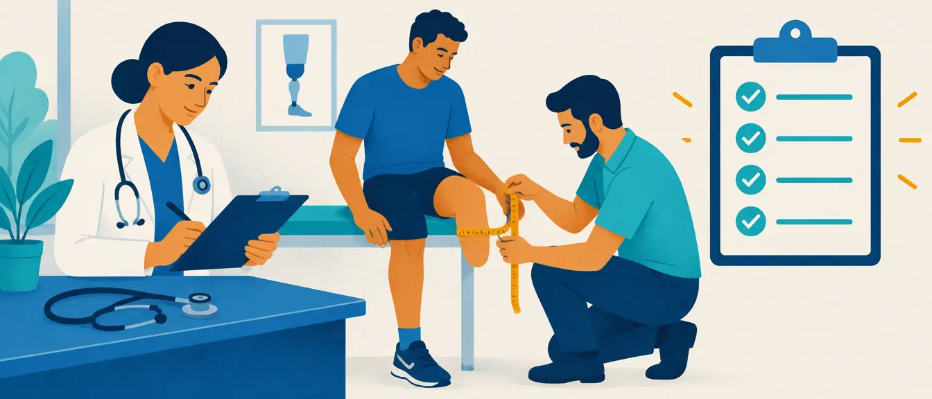 Ilustração de uma médica preenchendo o laudo enquanto o protesista mede o paciente, com uma lista de verificação