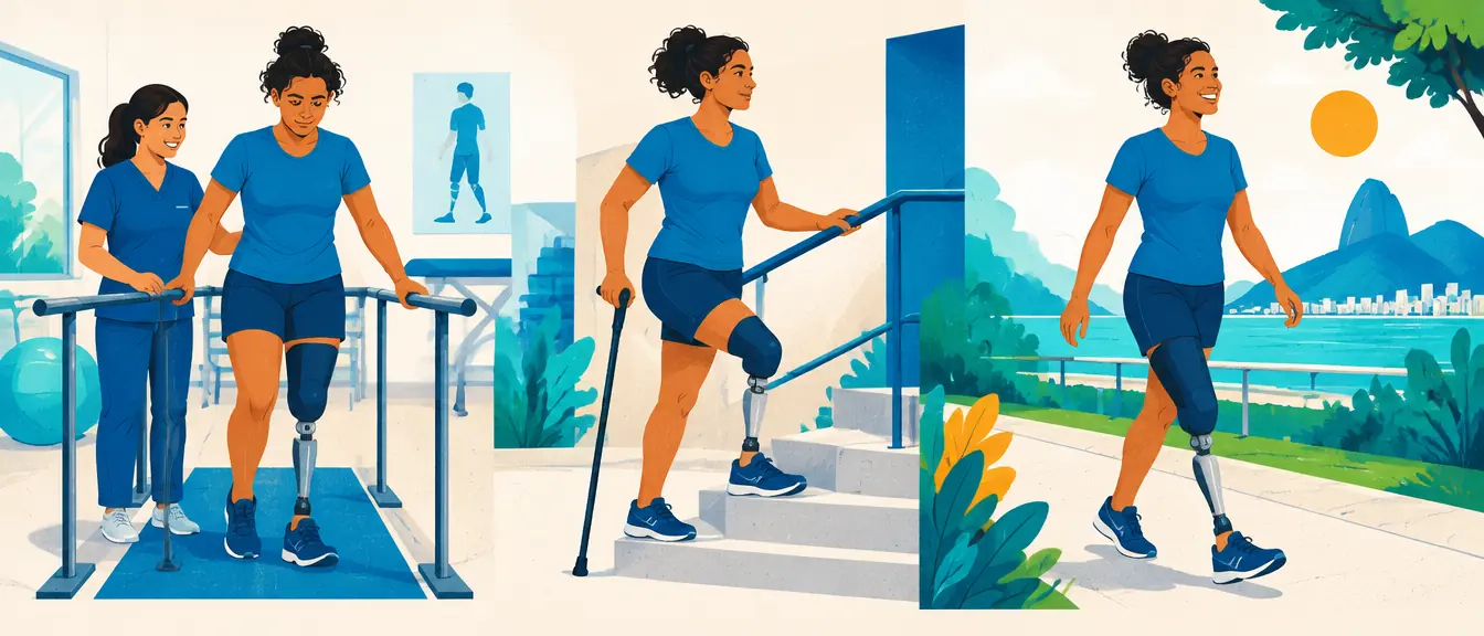 Ilustração de uma mulher com prótese acima do joelho em três fases da reabilitação: barras paralelas, escada com bengala e caminhada livre